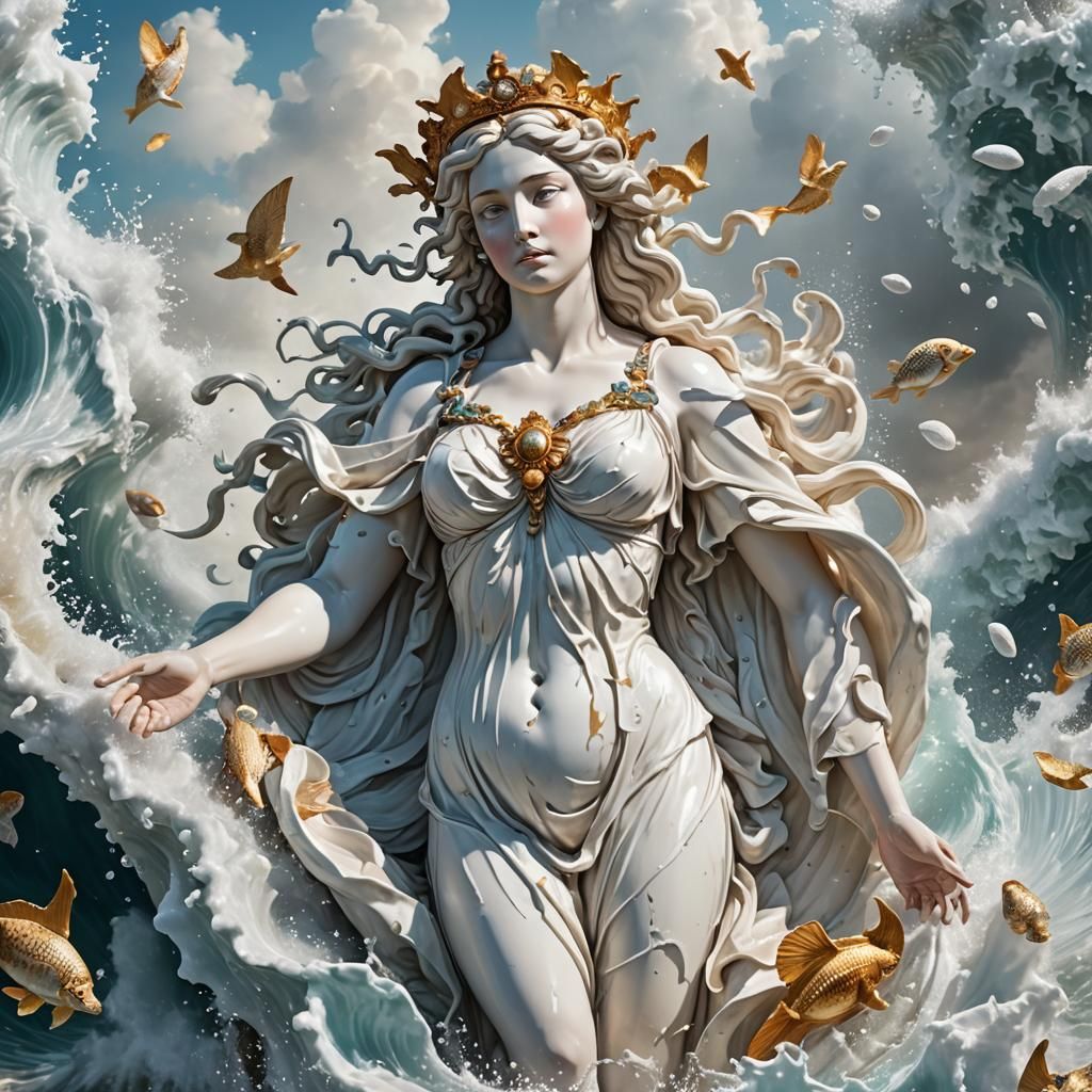 Aphrodite Emerges from Sea Foam in Digital Art