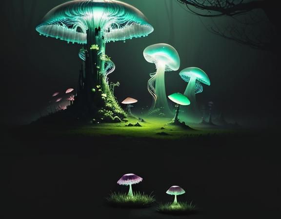 Mystical Forest with Bioluminescent Jellyfish, Digital Matte...