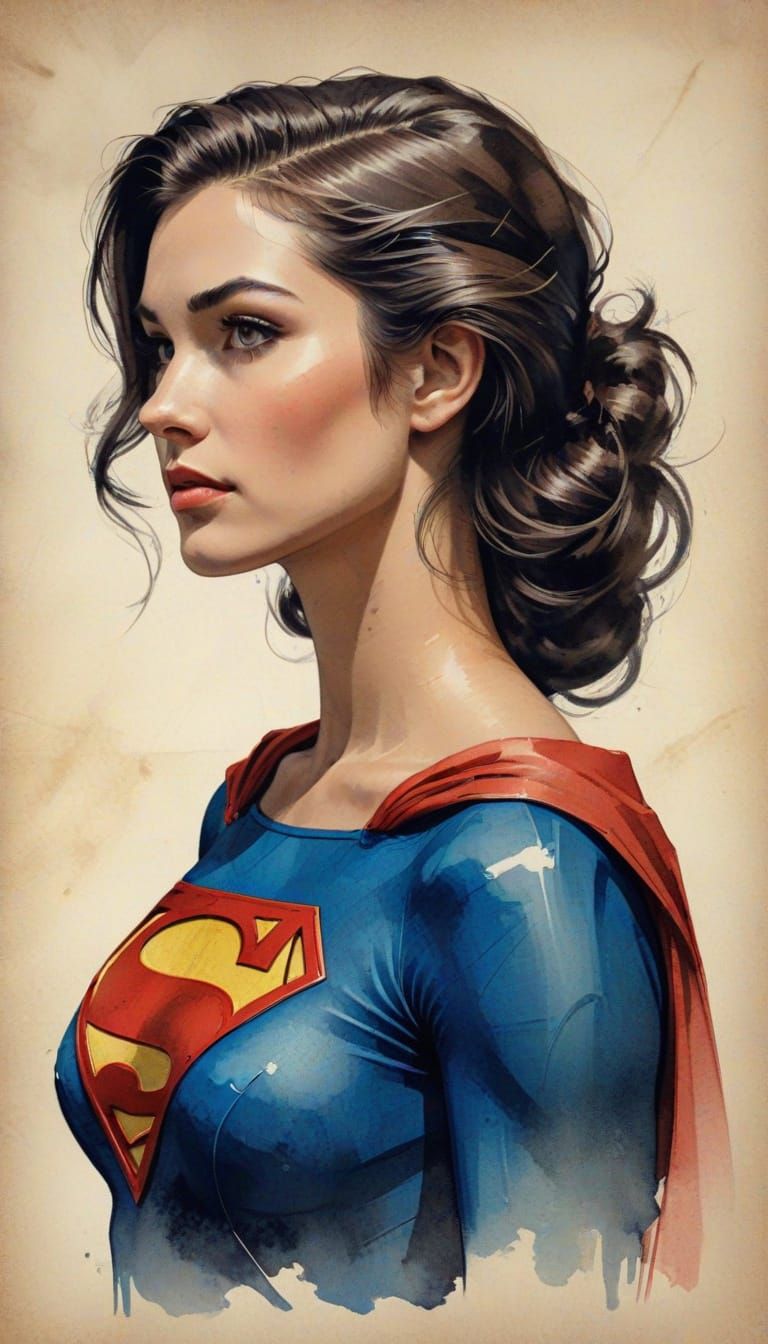 Elegant Woman in Superman Costume: Ink Art