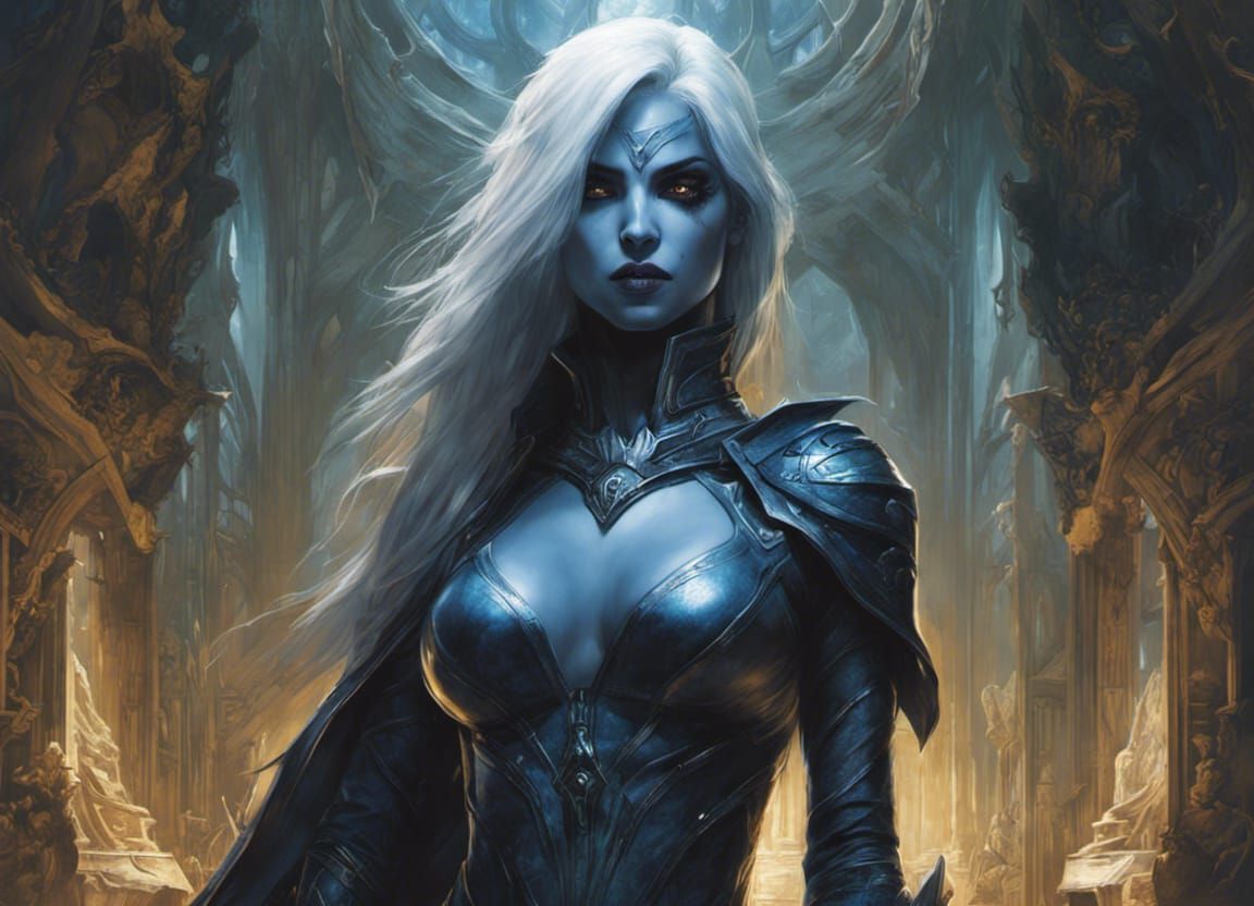 female Drow, dark elf, blue skin, futuristic interior, by Marc Silvestri, Aleksi Briclot, Artgerm, science fiction, cybe...