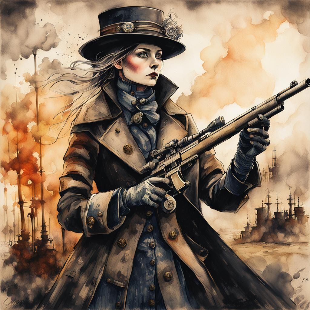 Steampunk Sniper in Ink and Watercolor Painting