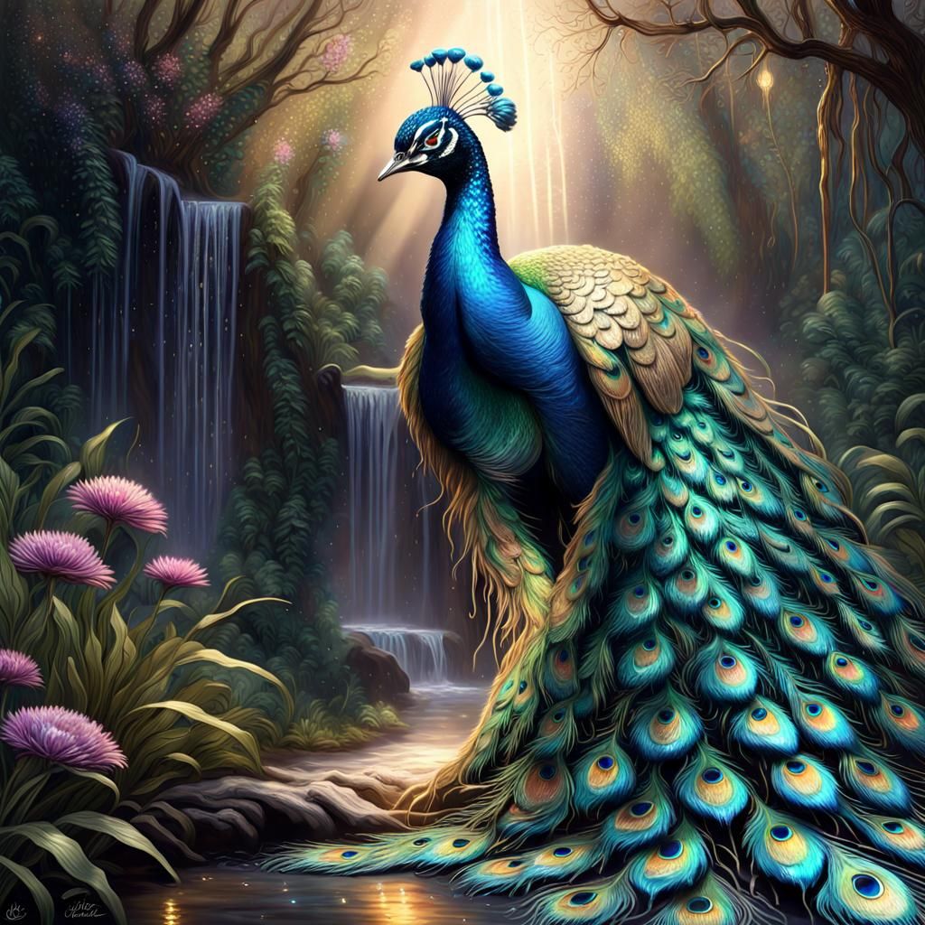 Iridescent Peacock in Magical Forest: Hyperrealistic Splash ...