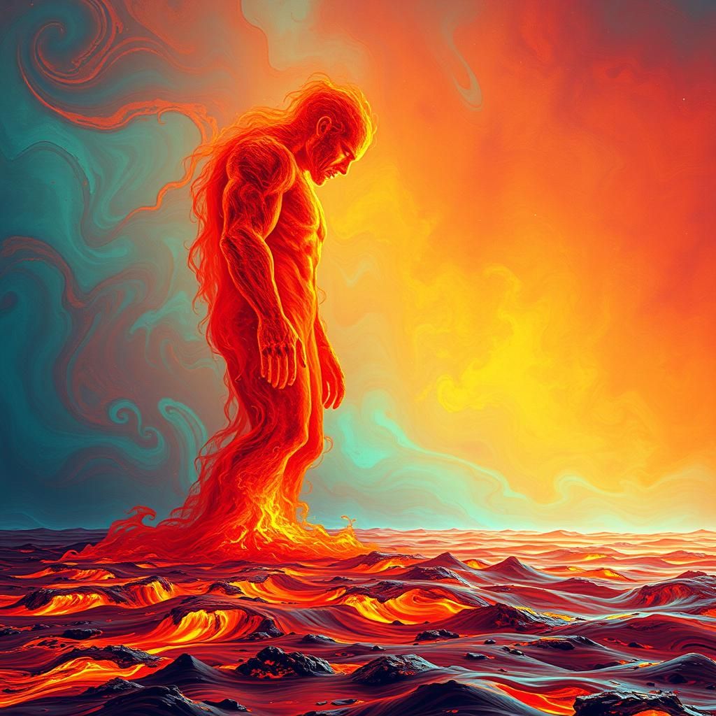 Fiery Giant on Magma Ocean in Psychedelic Digital Art