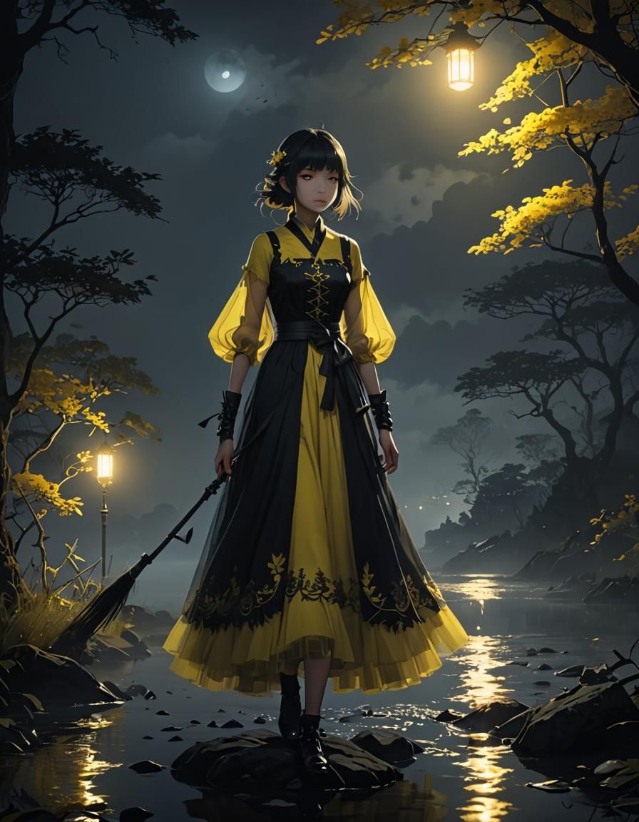 Eerie Anime Figure in Mist with Glowing Dress