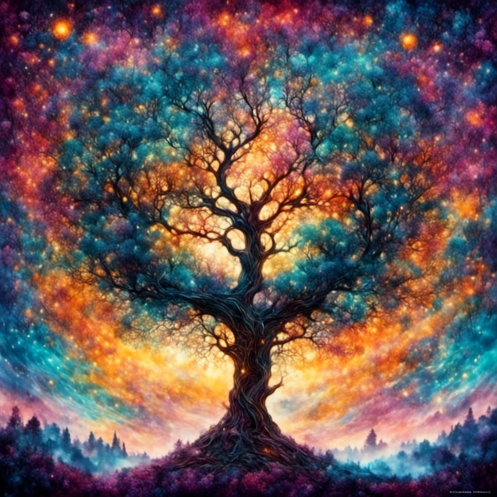 Sacred Trees Under Starry Skies in Liquid Ink Style