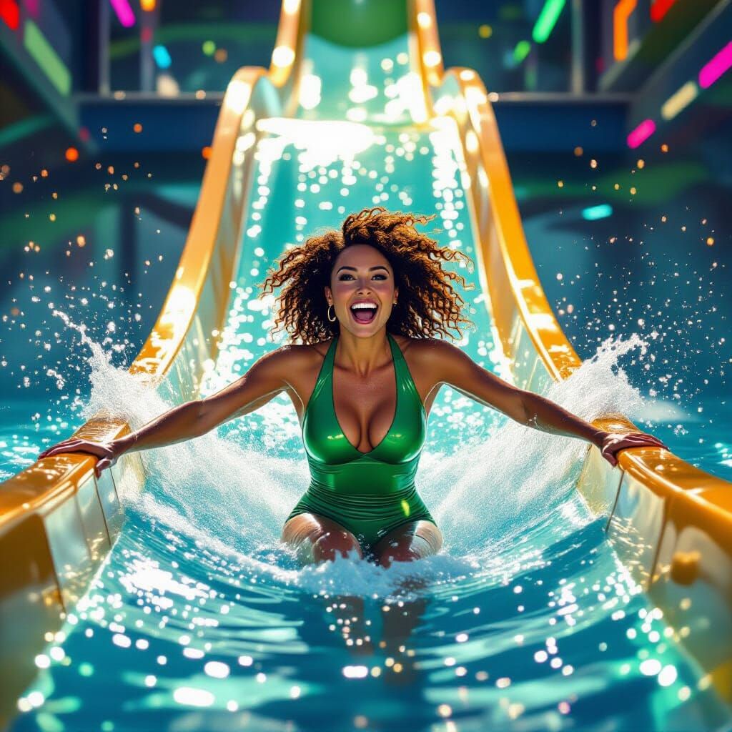 Woman Zips Down Neon Water Slide in Vibrant Futuristic Style