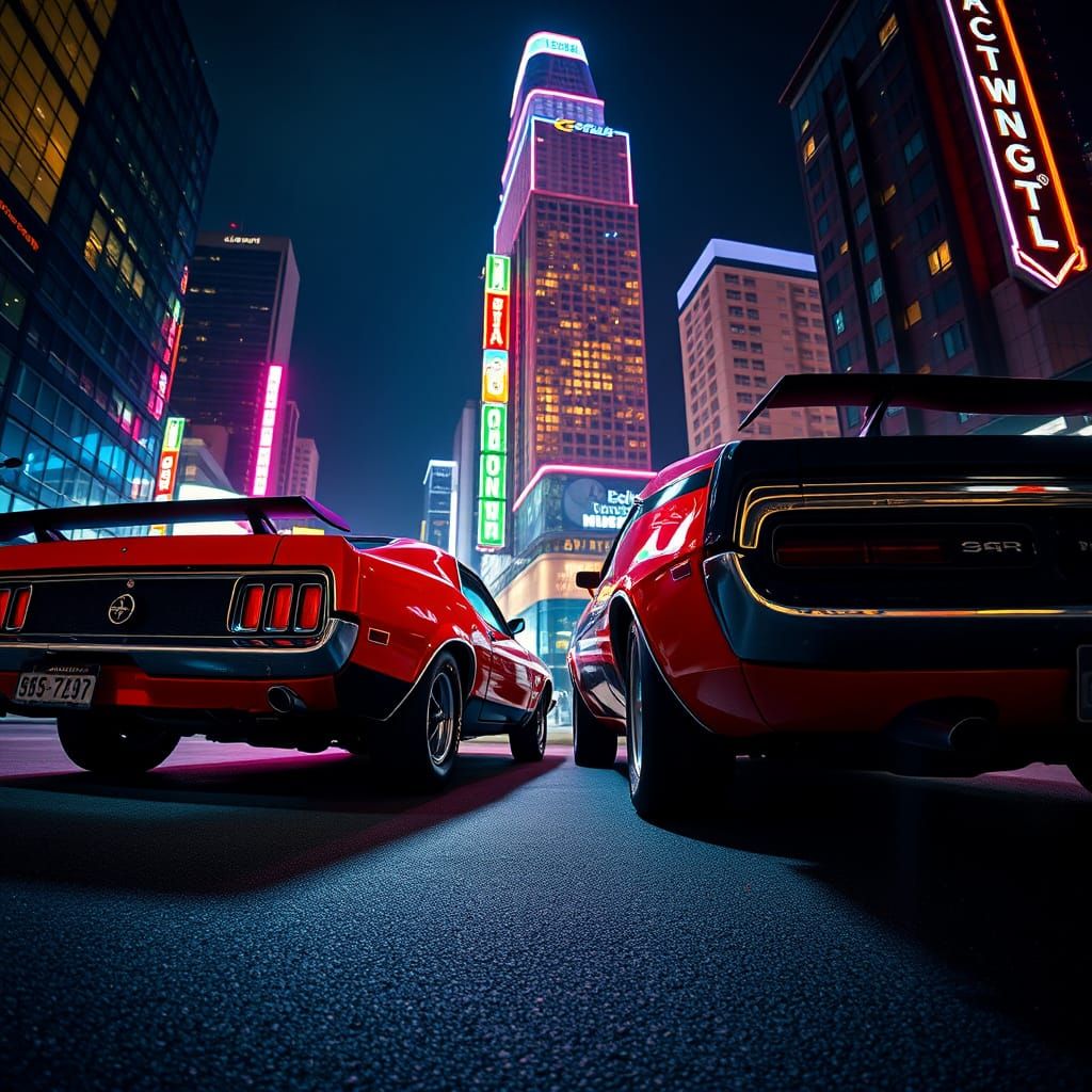 Classic Muscle Cars Under Neon Cityscape at Night