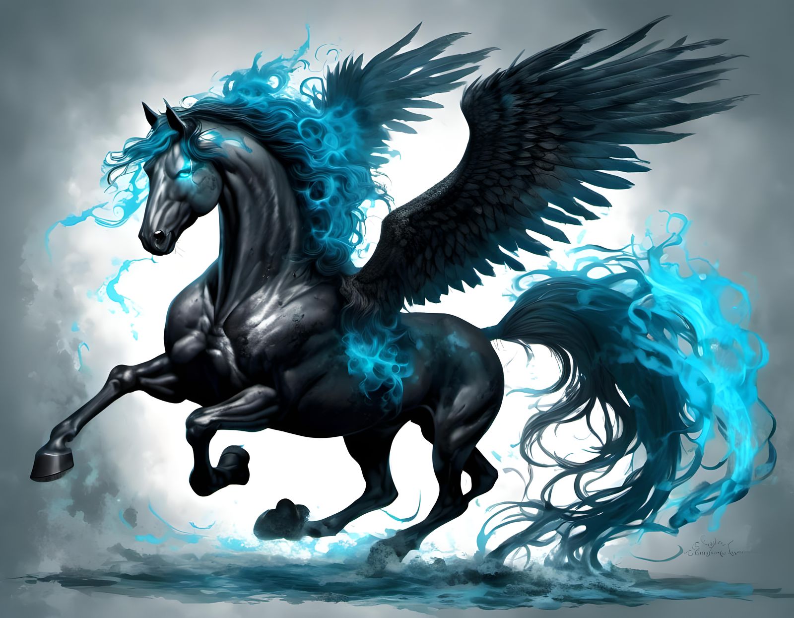 Sinister Black Pegasus with Aqua Flames: Fantasy Art