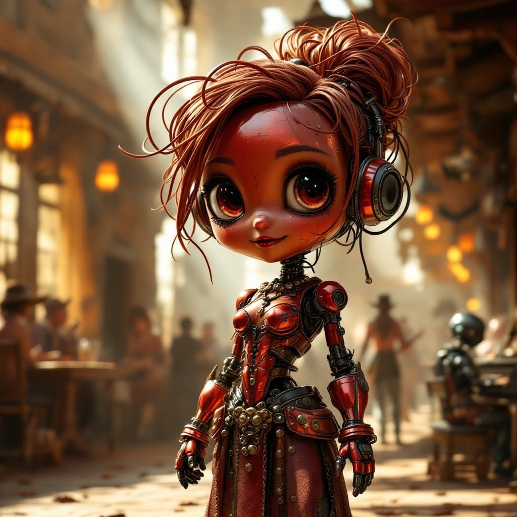 Chibi Robot Barmaid Shines in Sun-Scorched Western Saloon