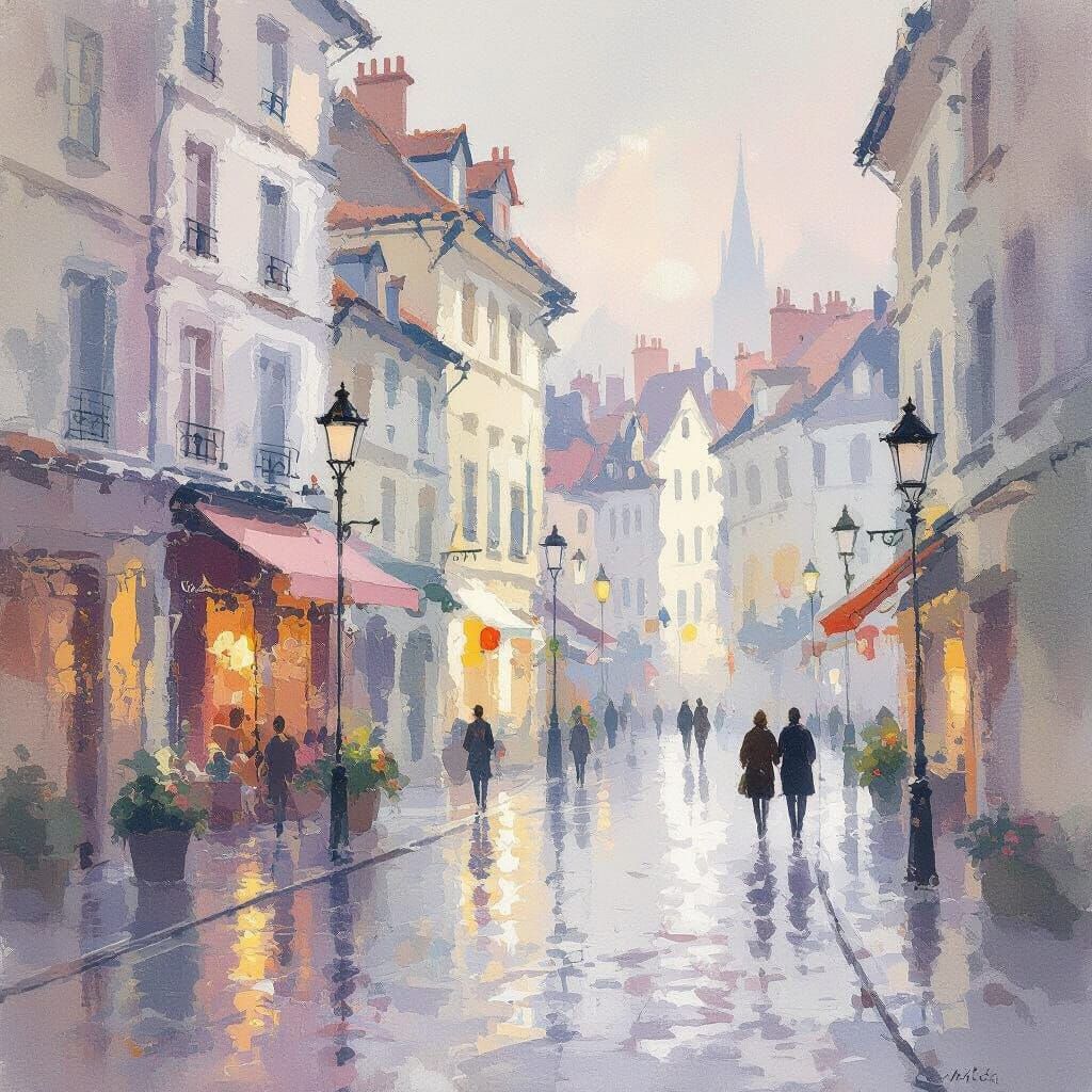 Ethereal European Street Scene in Watercolor Style