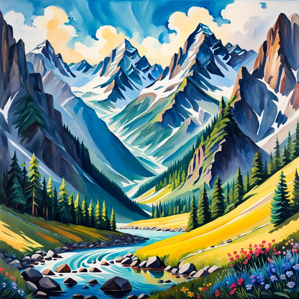 Mountain Landscape in Gouache and Watercolor Style