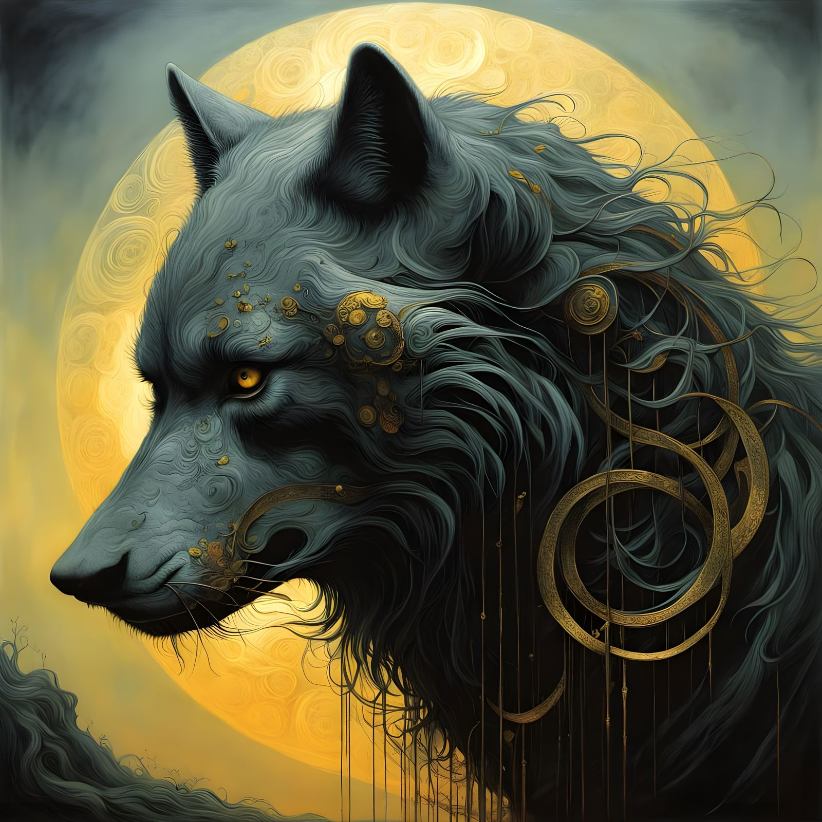 Metallic Wolf Face Mask in Dark Surrealism Style