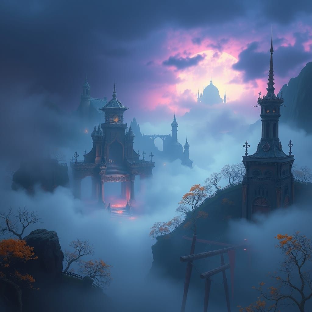 Mystical Mist-Shrouded Landscape in Detailed Matte Painting