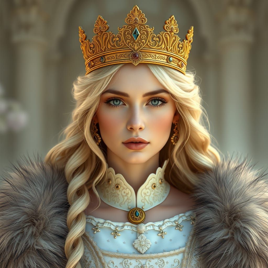 Medieval Queen with Golden Crown and Fur Gown