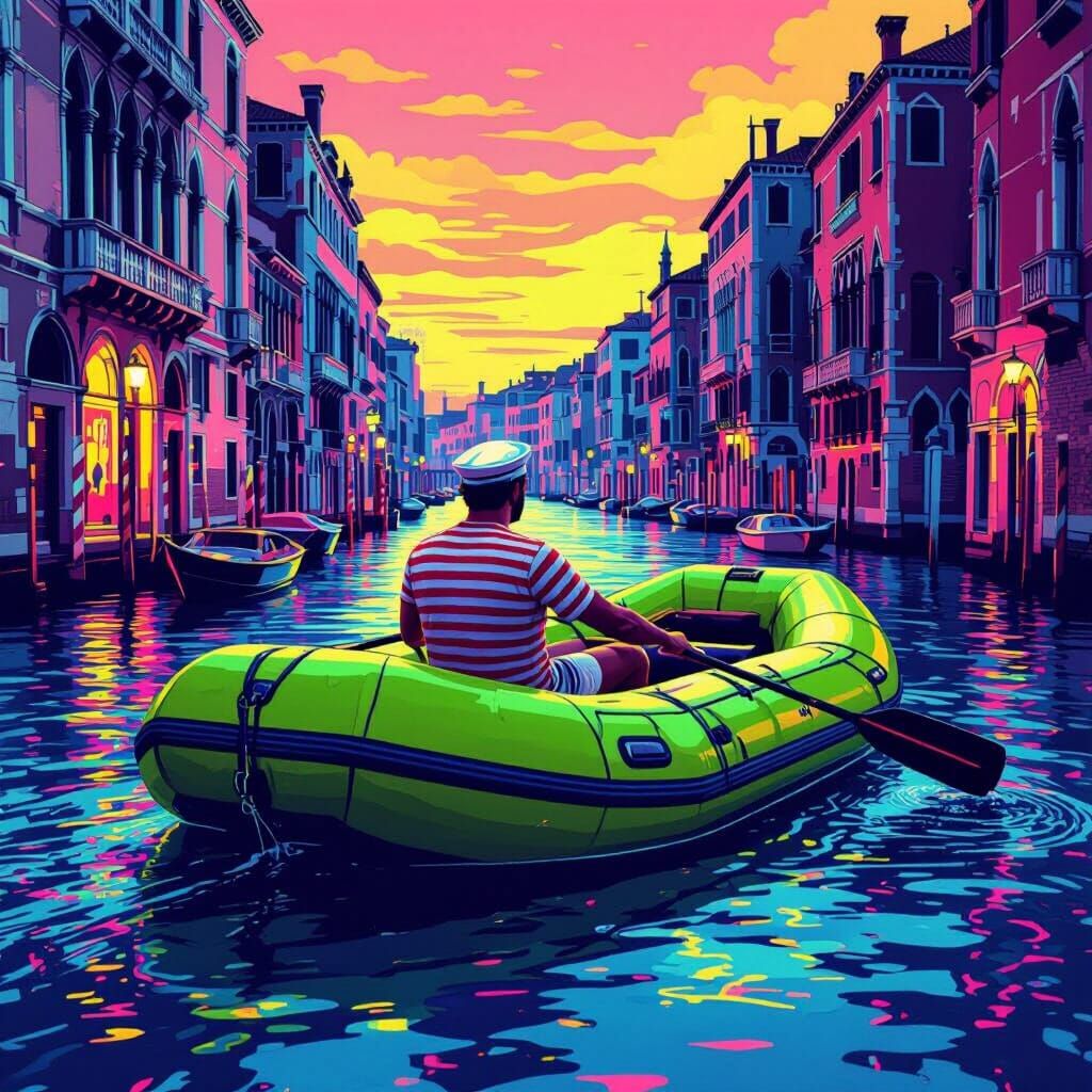 Synthwave Venice Canal Scene With Lime Green Raft