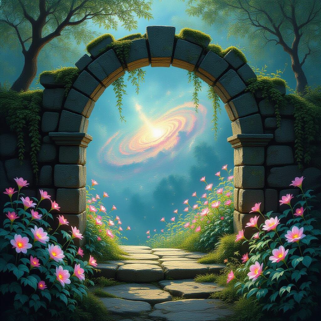 Celestial Garden Portal Through Ancient Archway
