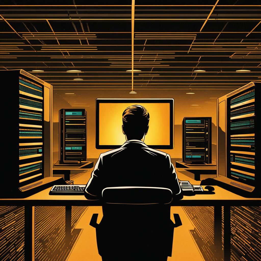 Stressed IT Professional in Data Center, Film Noir Style