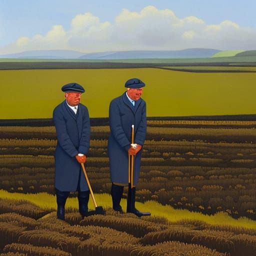 Peat Diggers in Gouache Painting