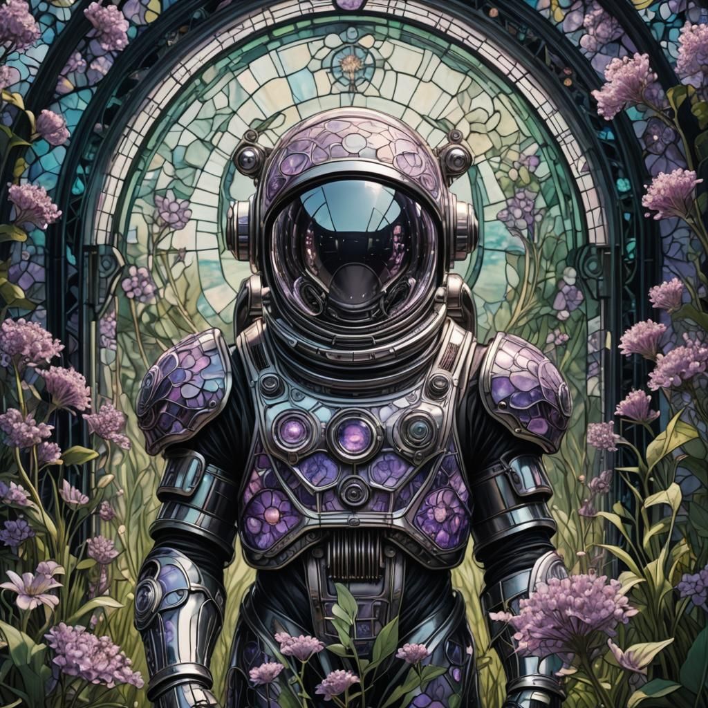 Biomechanical Astronaut in Floral Stained Glass Armor
