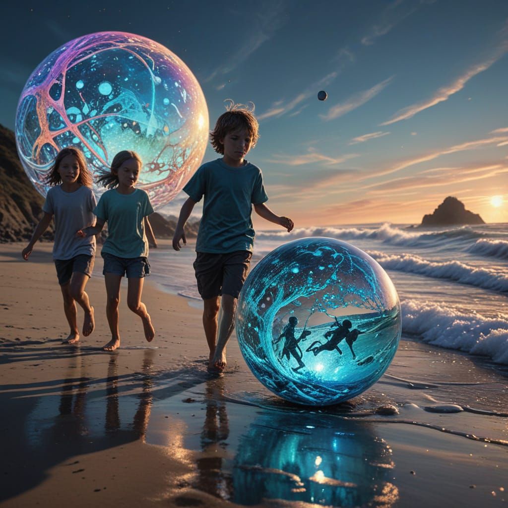 Vibrant Coastline Scene with Expressive Children in a Dynami...