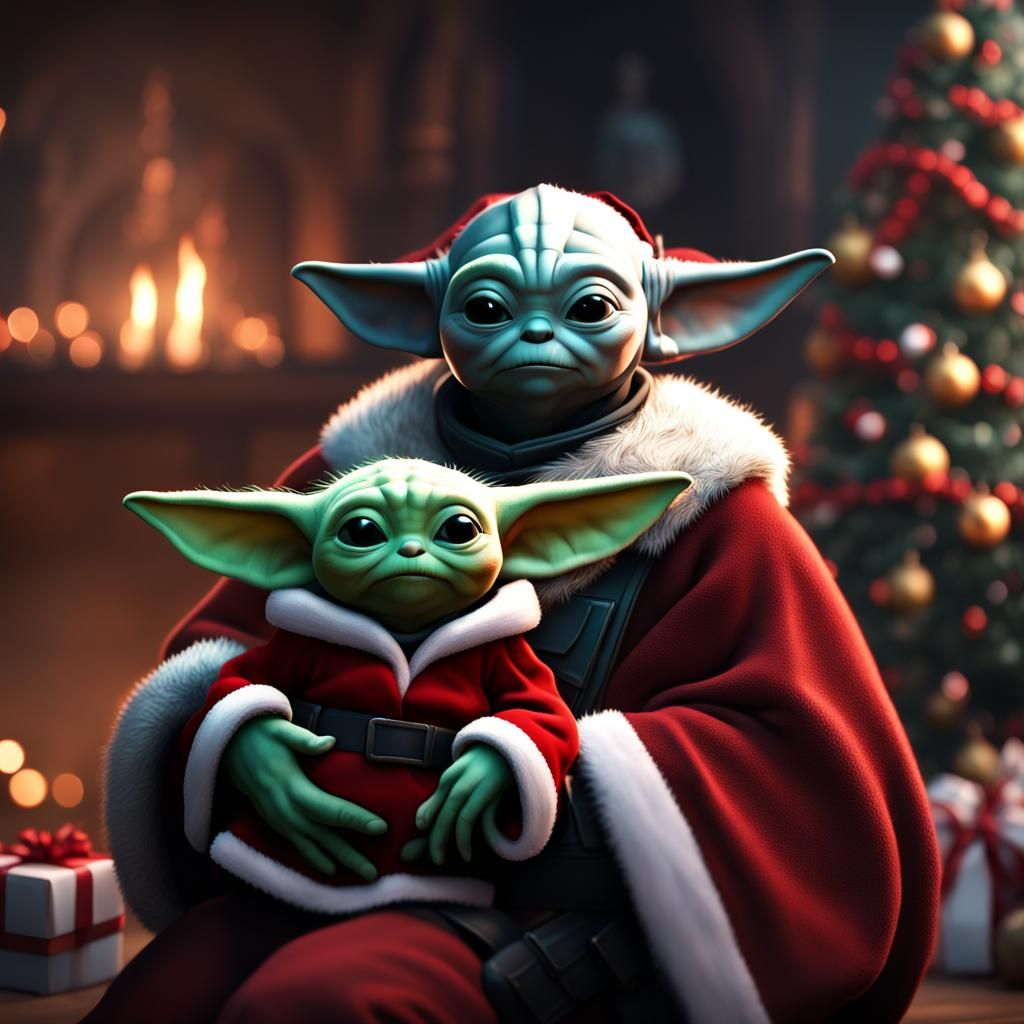 Mandalorian Santa with Baby Yoda Rudolph, Digital Art