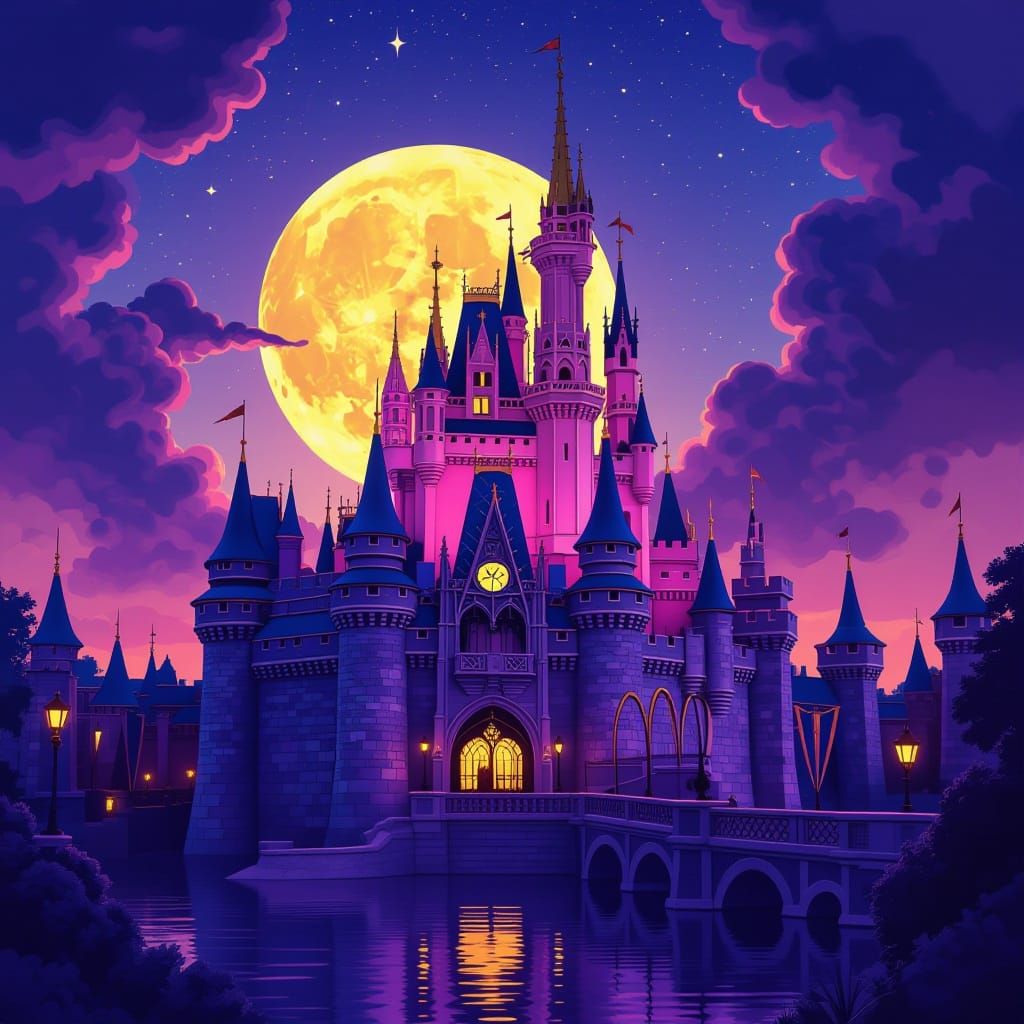 Pink Castle at Night in Alcohol Ink Style