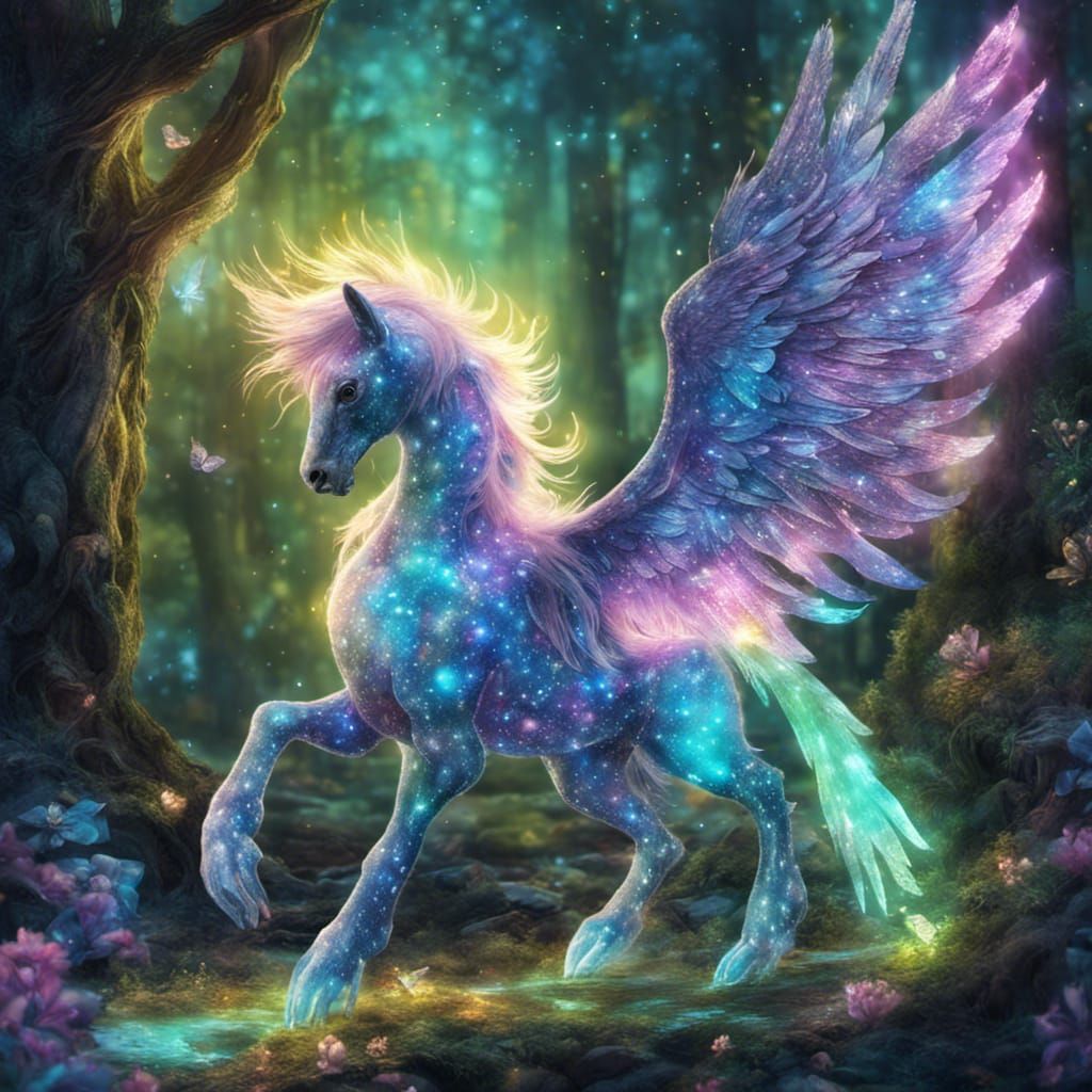 Bioluminescent Hippogriff in Magical Forest