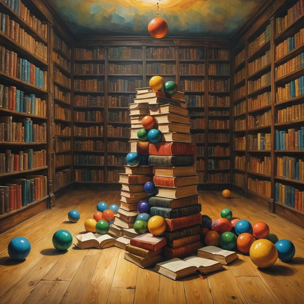 Surreal Library with Spheres in Oil Painting Style