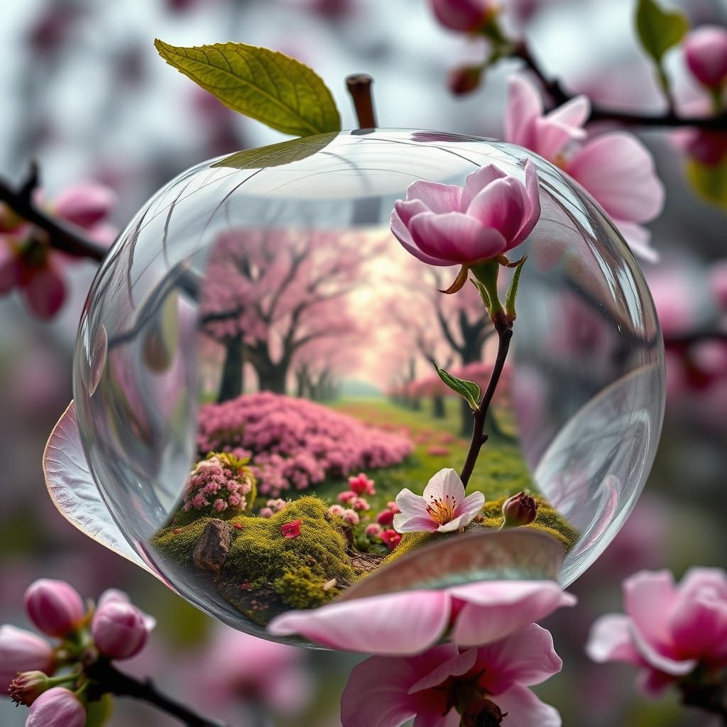 A Vibrant Spring Scene with a Glass Apple Blossom