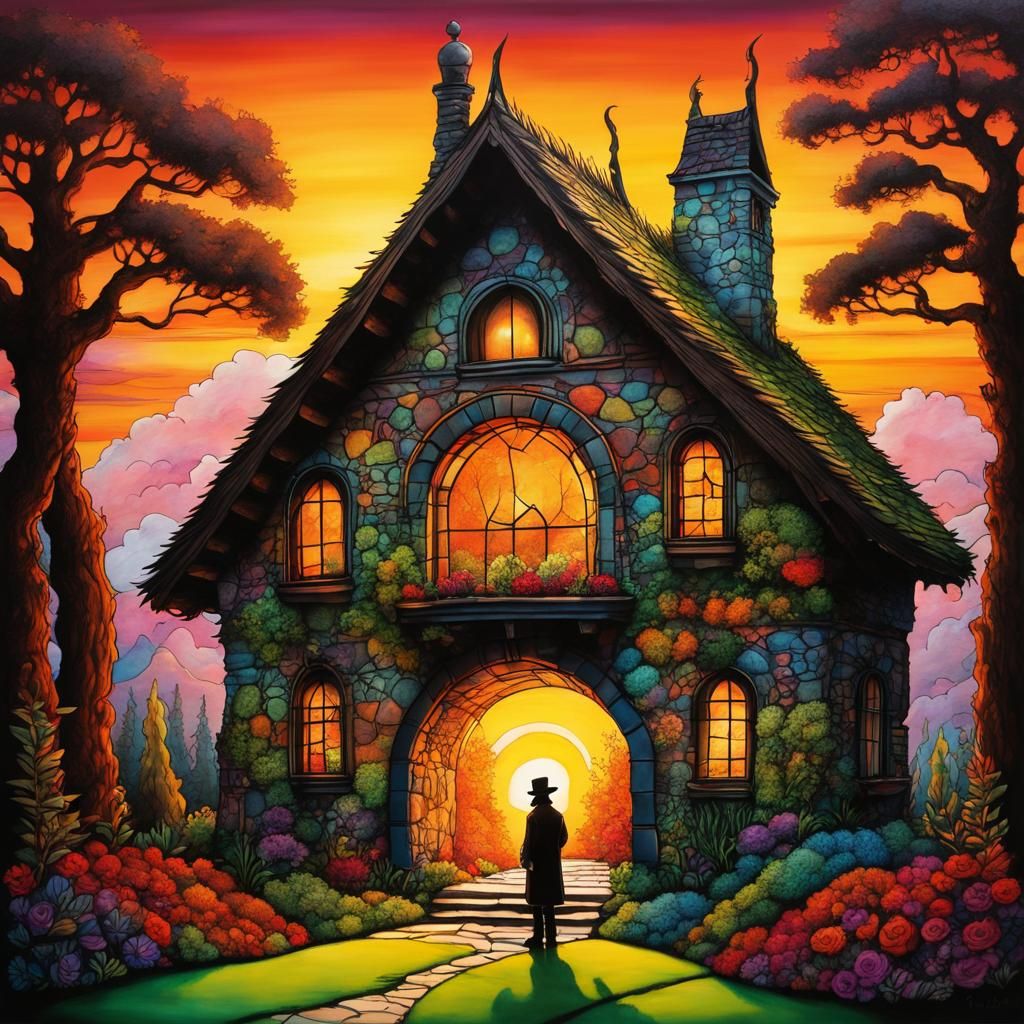 Elegant Manor House over Vibrant Sunset in Oil Painting Styl...