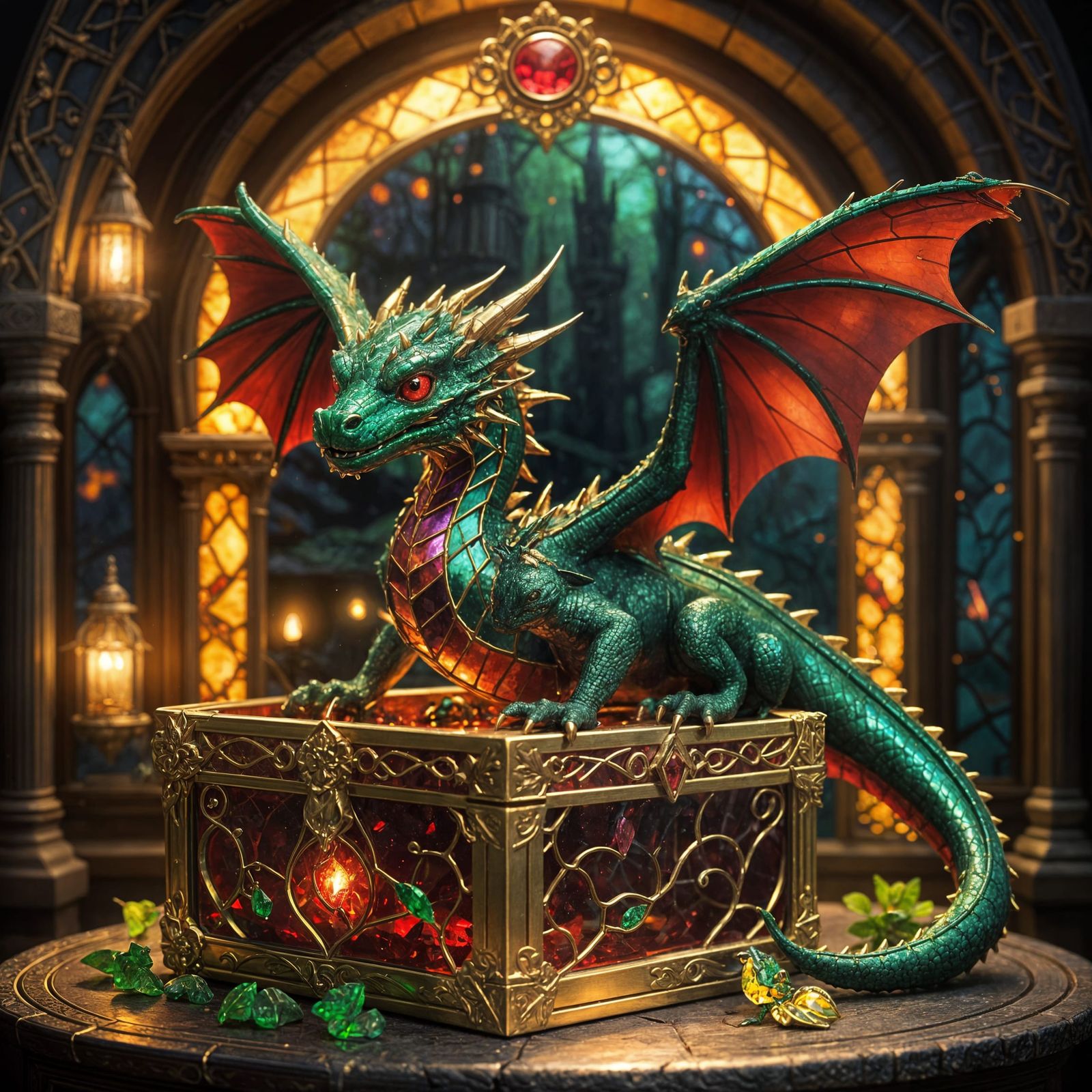 Emerald Dragon in Gold Box with Ruby, Fairytale Scene