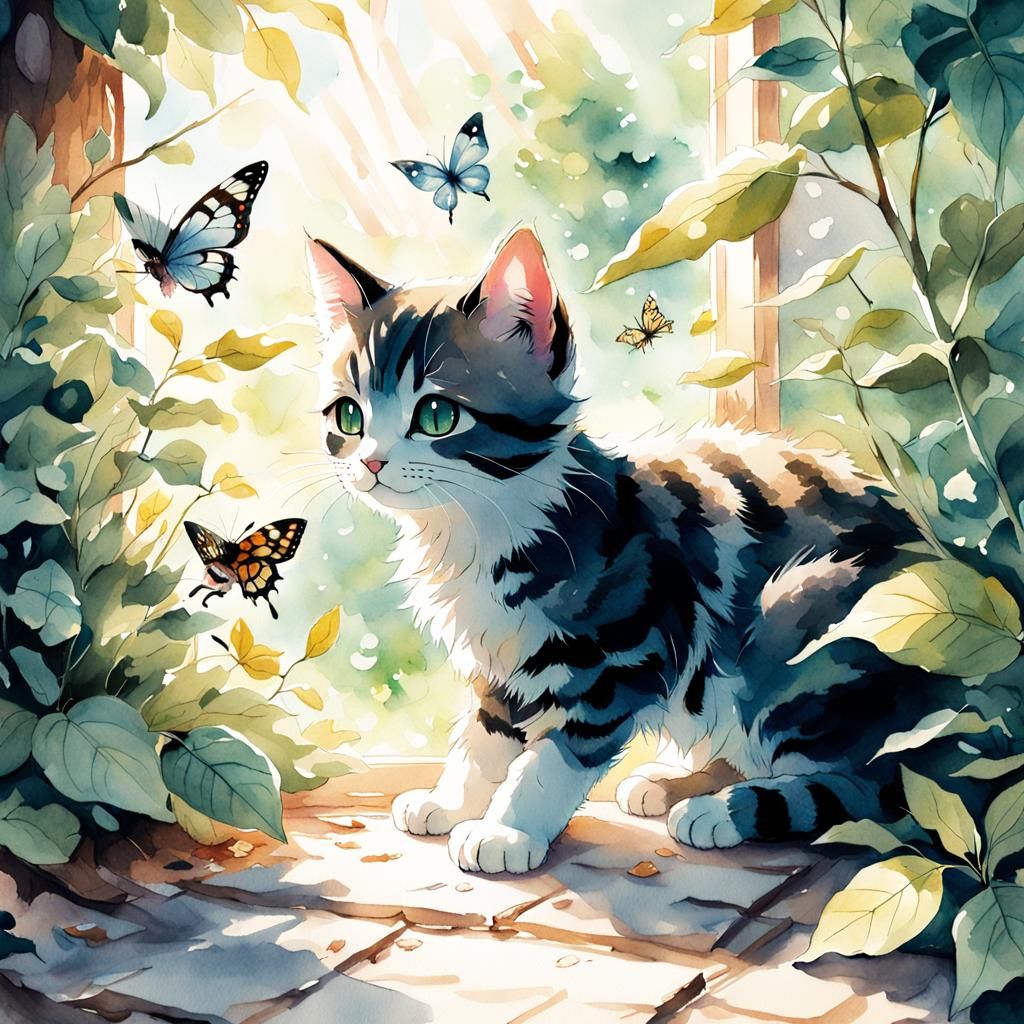 Kitten's Butterfly Chase: Watercolor Anime Art