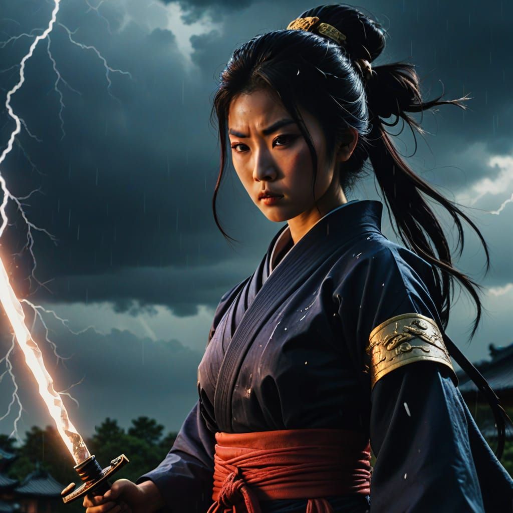 Ninja Geisha Goddess Wields Sword in Lightning Storm