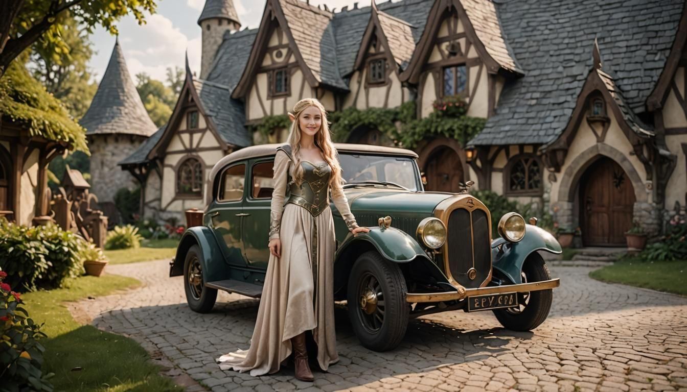 Elven Princess with Antique Car, Professional Photography