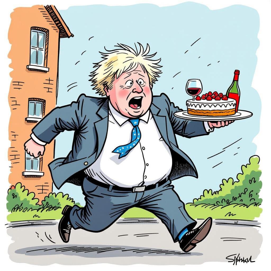 Comedic Cartoon of Politician Fleeing With Cake