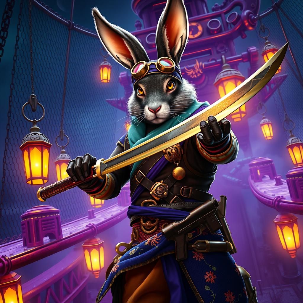 Hare Swashbuckler on Spaceship in Dark Fantasy Style