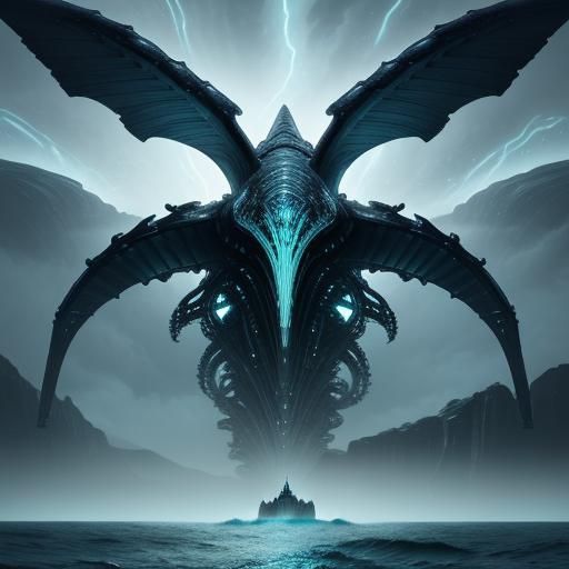 Winged Whale Soaring Over Stormy Sea