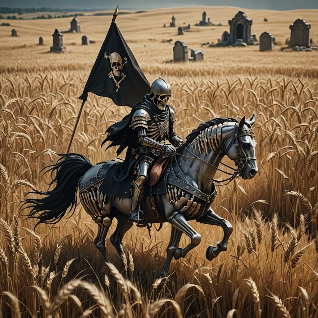 Armored Skeleton Knight Rides Through Wheat Field