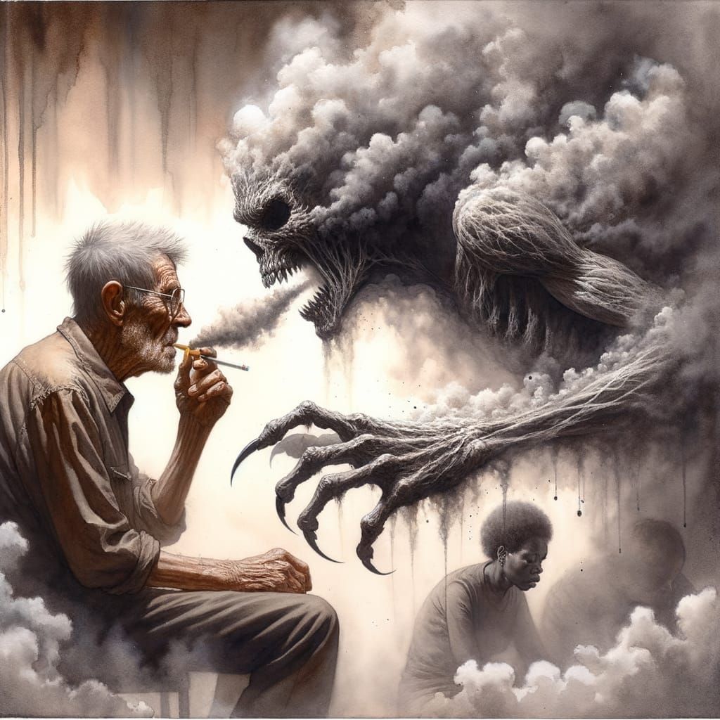 Clawed Smoke Demon Emerges in Watercolor Style