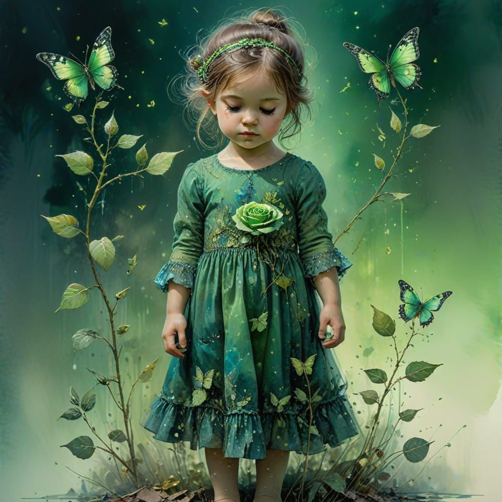 Toddler in Green Dress with Green Rose in Winter Fantasy