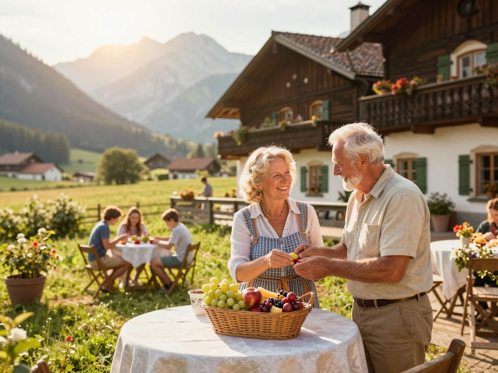 Elderly Couple Enjoys Bavarian Farm Terrace Golden Hour
