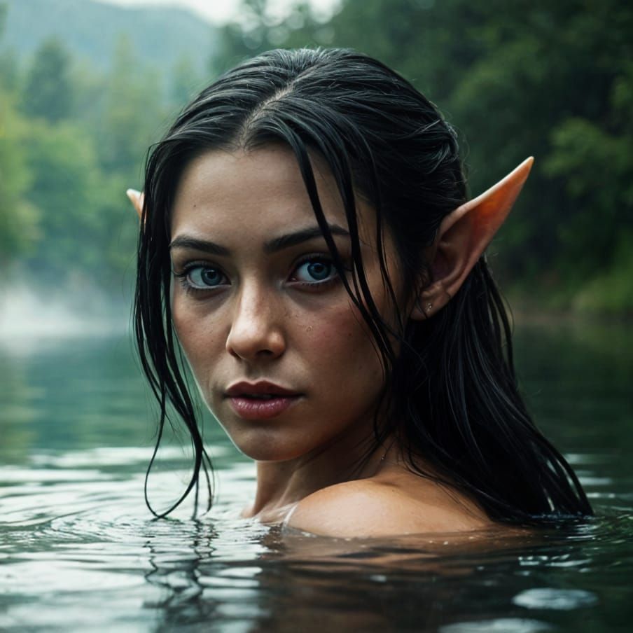 Elf Maiden Basks in Serene Lake Waters