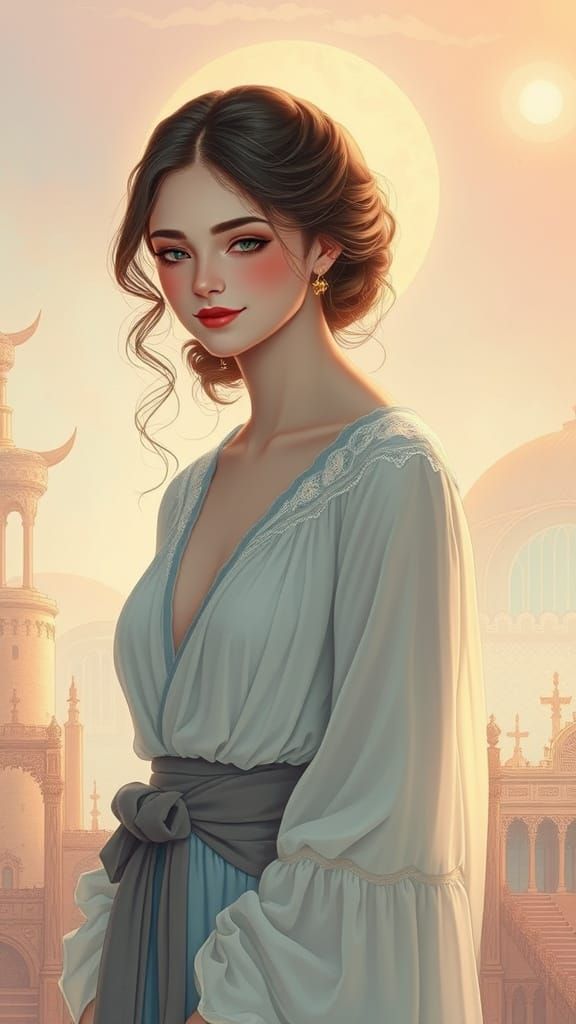 Ethereal Woman in a Dreamy Art Nouveau Landscape