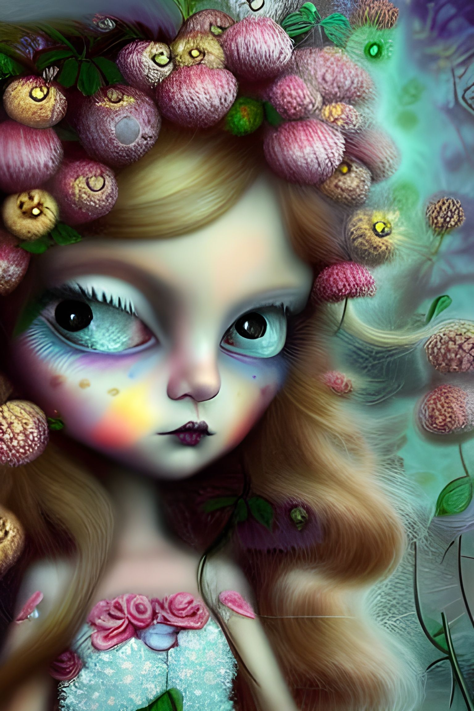 Cute Flaxen-Haired Girl Among Wildflowers: Photorealistic Pa...