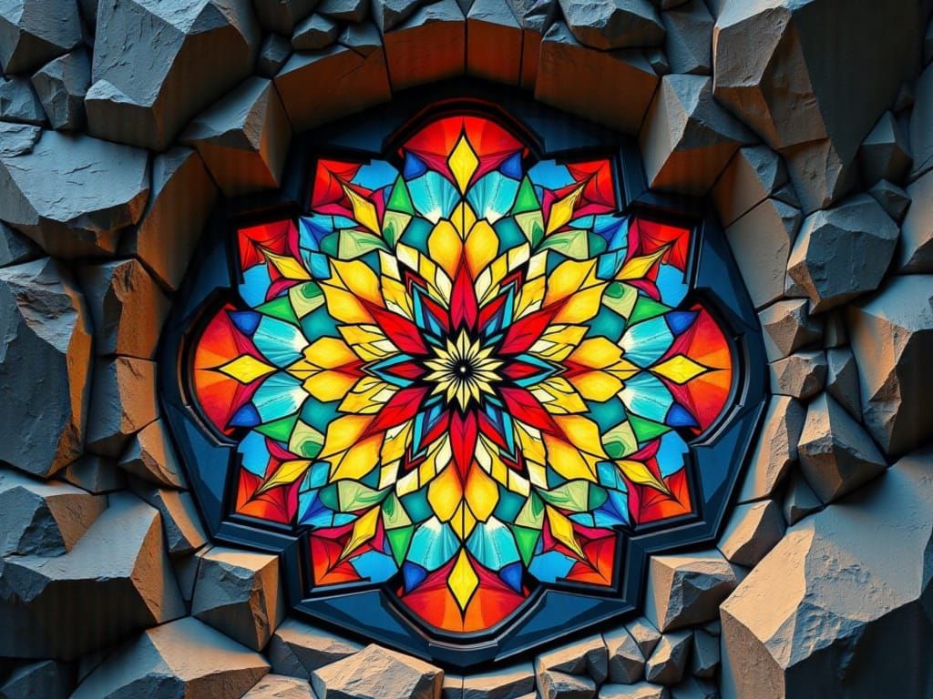 Mandala Stained Glass in Stone with Geometry Maze