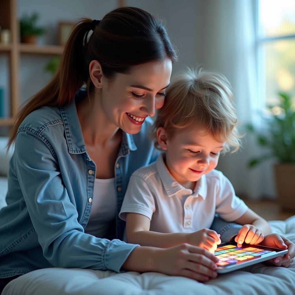 Encouraging Mother or Teacher Guiding Child in Programming