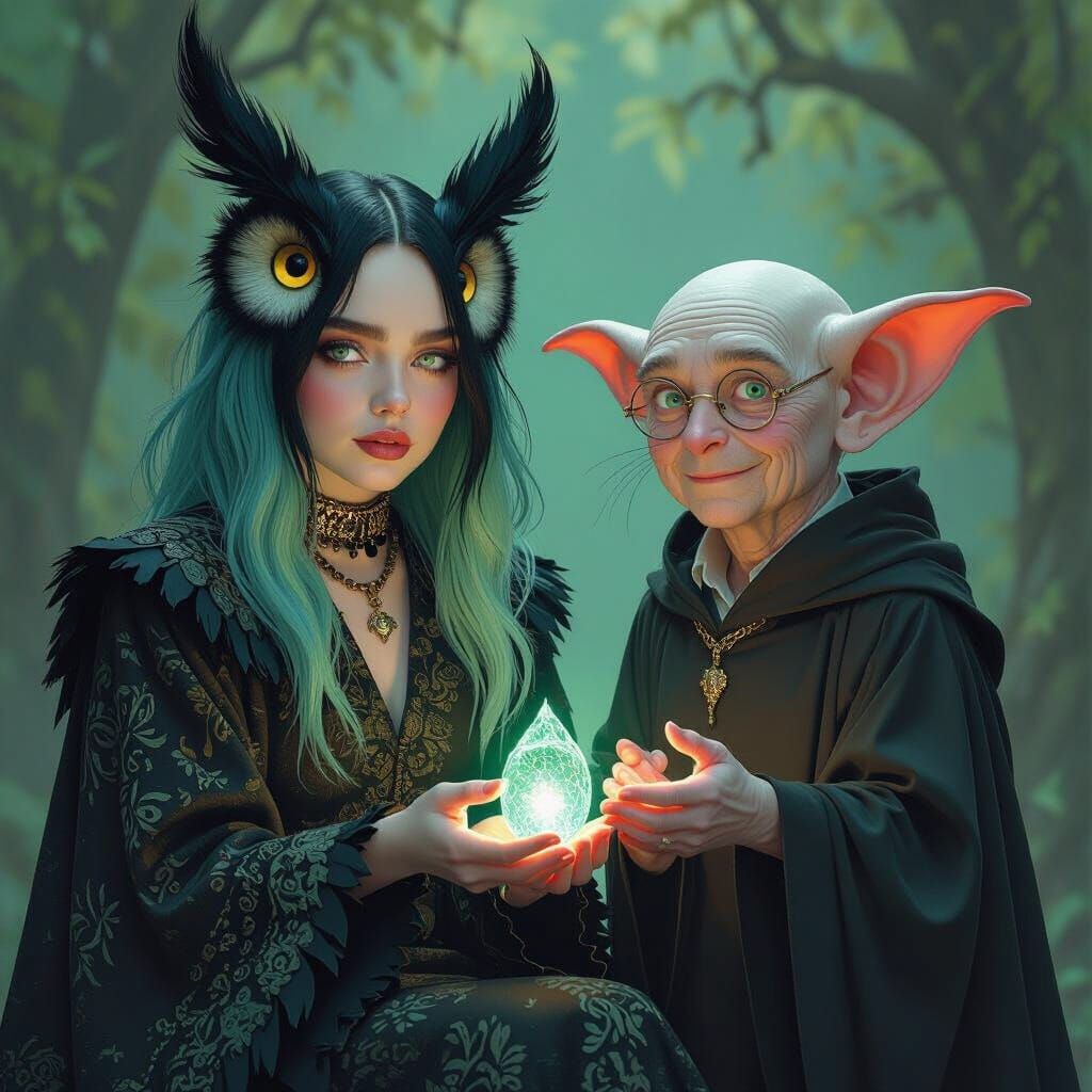Billie Eilish as Owl Beside Dobby Offering Magic Artifact