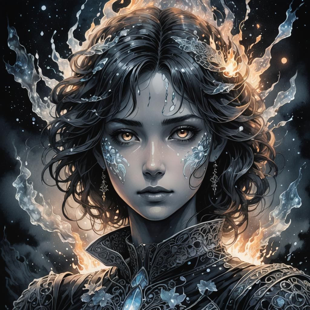 80s Anime Woman with Icy Fire Glass