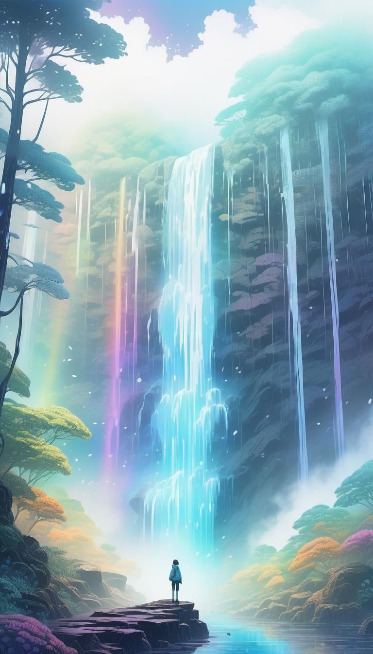 Magical Rainbow Waterfall in Anime Style Universe