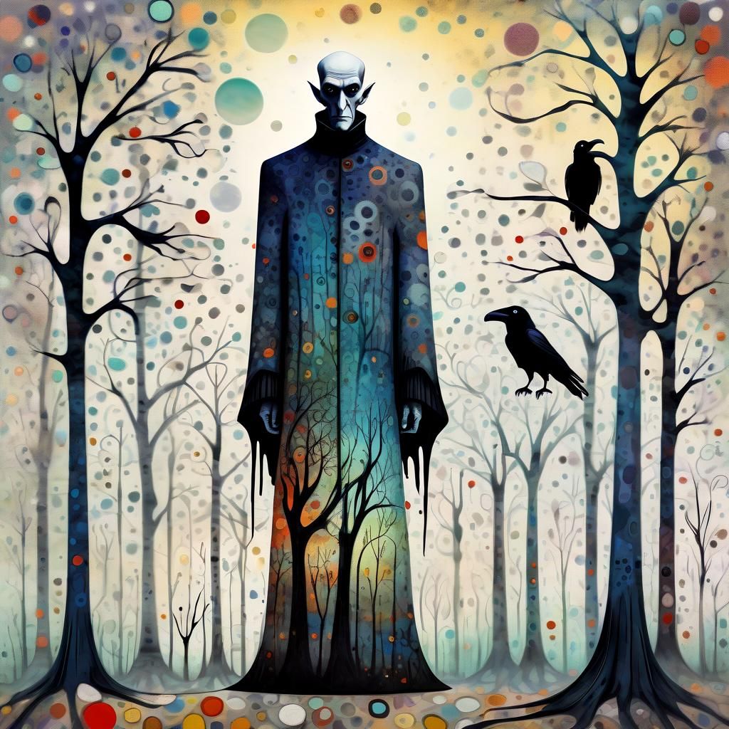 Whimsical Murrine Art: Abstract Nosferatu with Raven